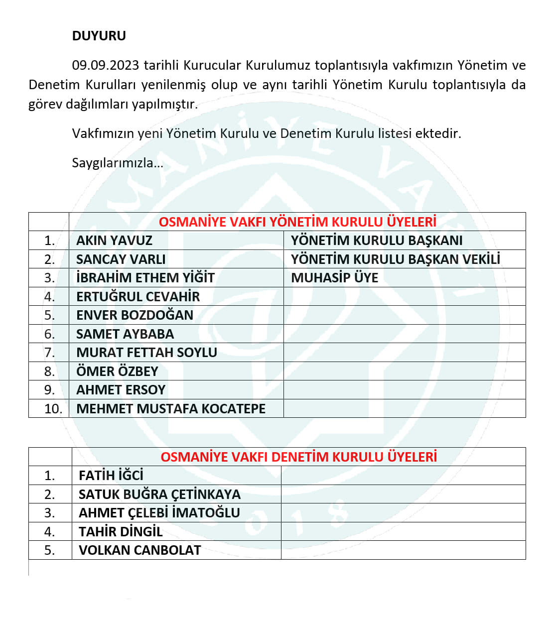 Vakfımızın yeni Yönetim Kurulu ve Denetim Kurulu listesi ektedir.